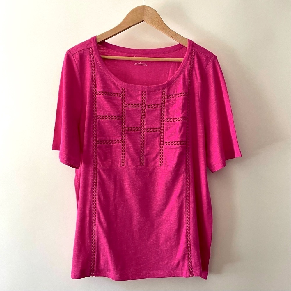 Talbots Fuchsia Pink Cotton Short Sleeve T-Shirt w/ Front Detail Size XL - Picture 2 of 12